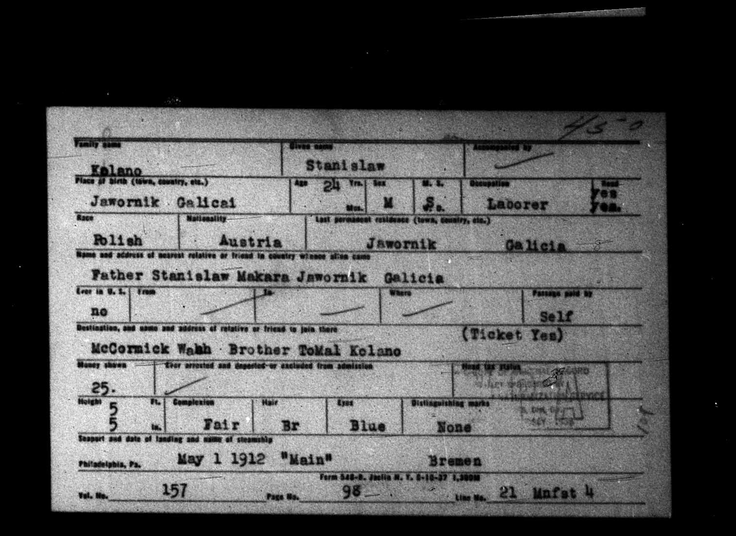 Stanislaw Kalano Kolano ship ticket 1912 copy